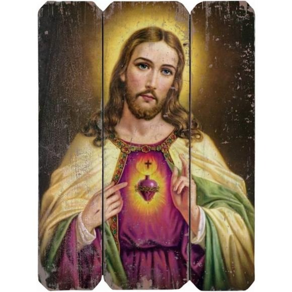 Sacred Heart of Jesus Picture Painting Wood Print Art 16inch Vintage, 1pc - Picture 1 of 6